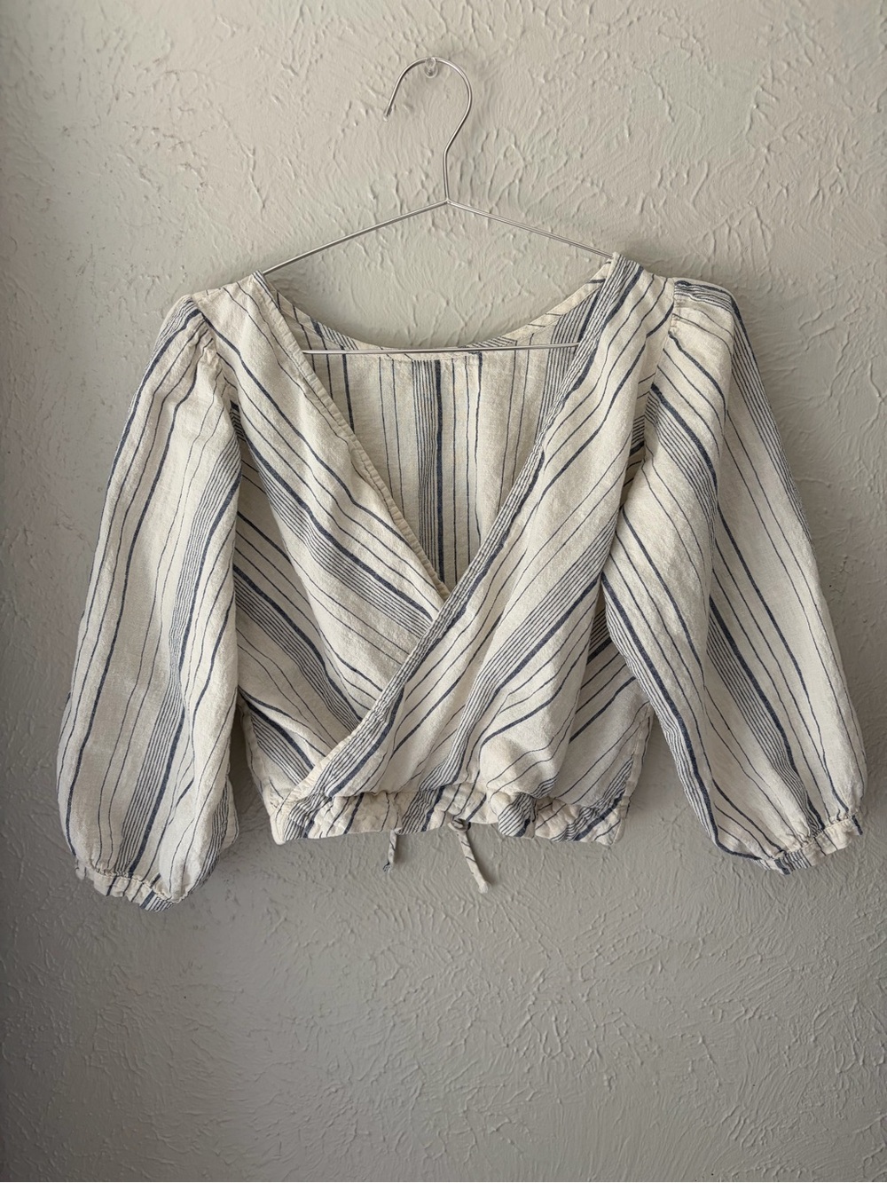 esby Cream Wrap Blouse with Blue Stripes